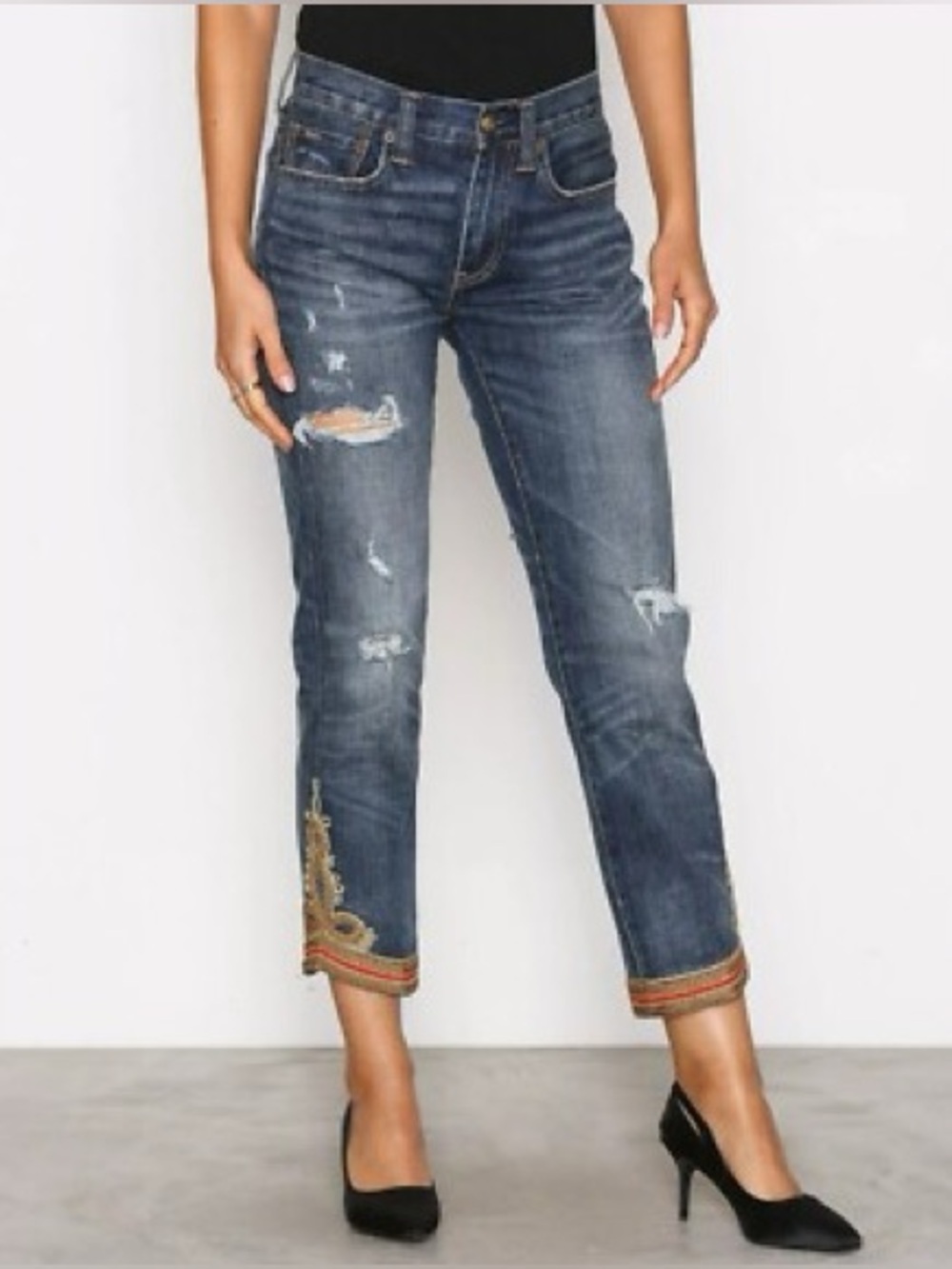 Size 27 POLO Ralph Lauren Embroidered Cropped Distressed Women's Jeans - Blue